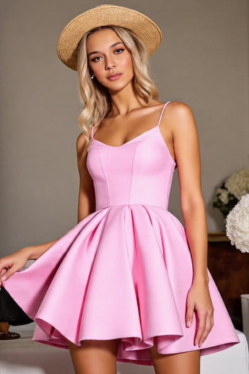 Pink A Line Satin Spaghetti Straps Short Prom Dress